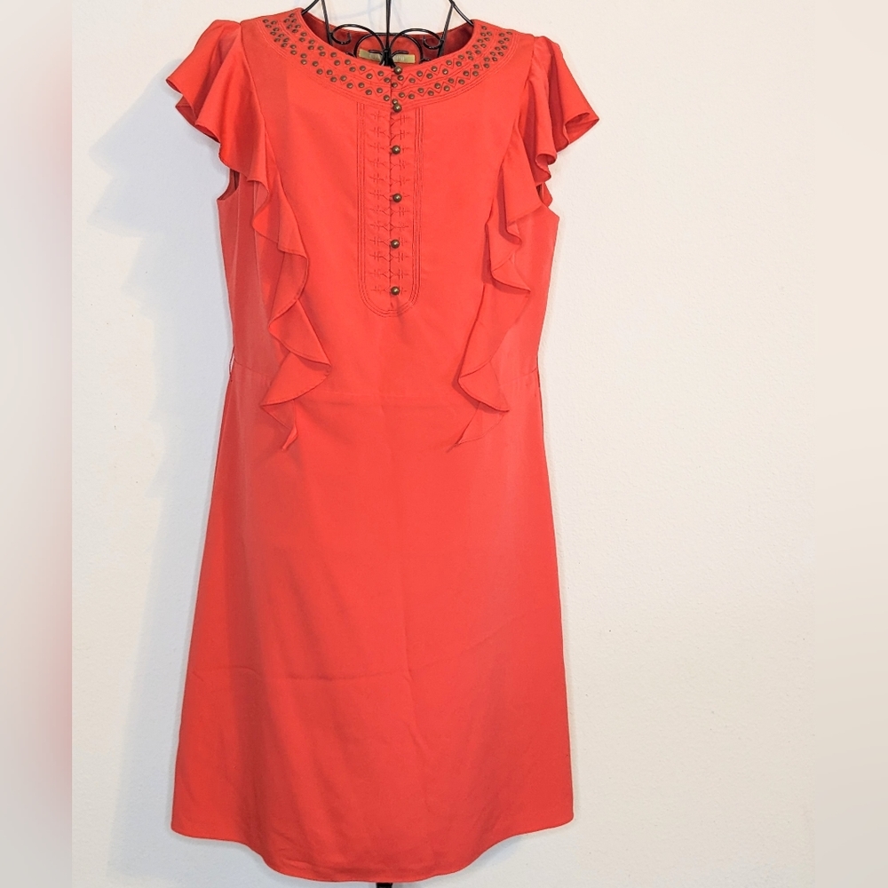 Gianni Bini Studded Neckline Red Orange Flutter Sleeve Dress Size 8